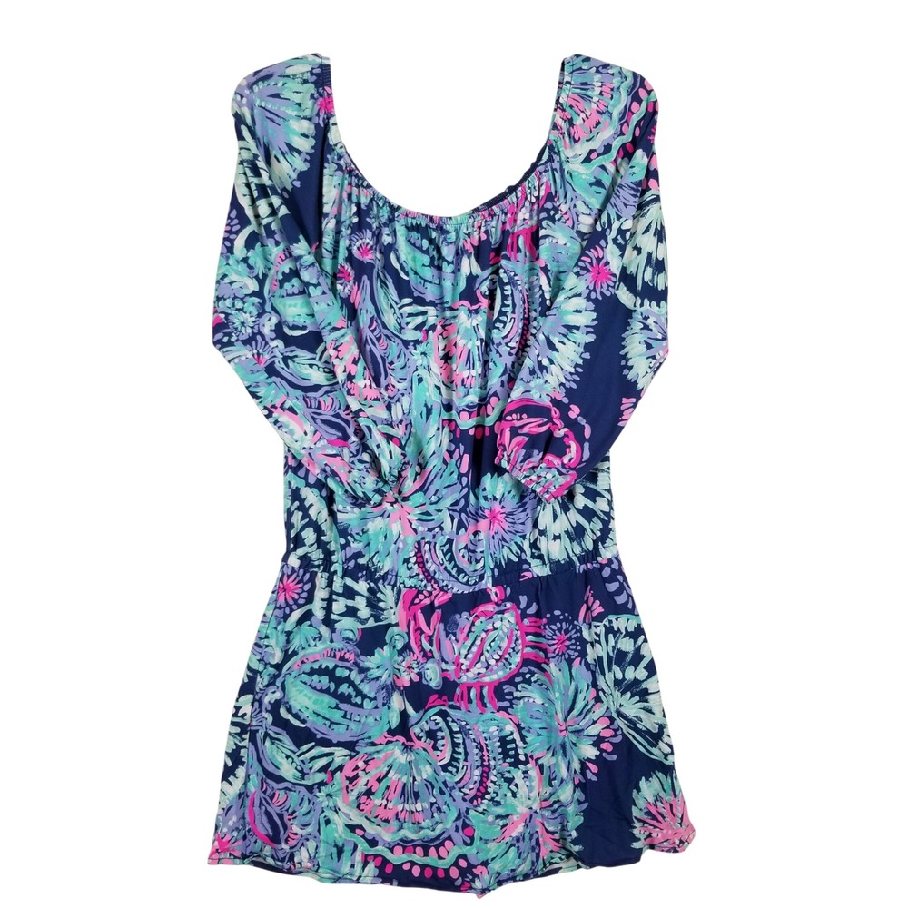 Lilly Pulitzer Womens Small Blue Pink Floral Long Sleeve Elastic Waist Romper
